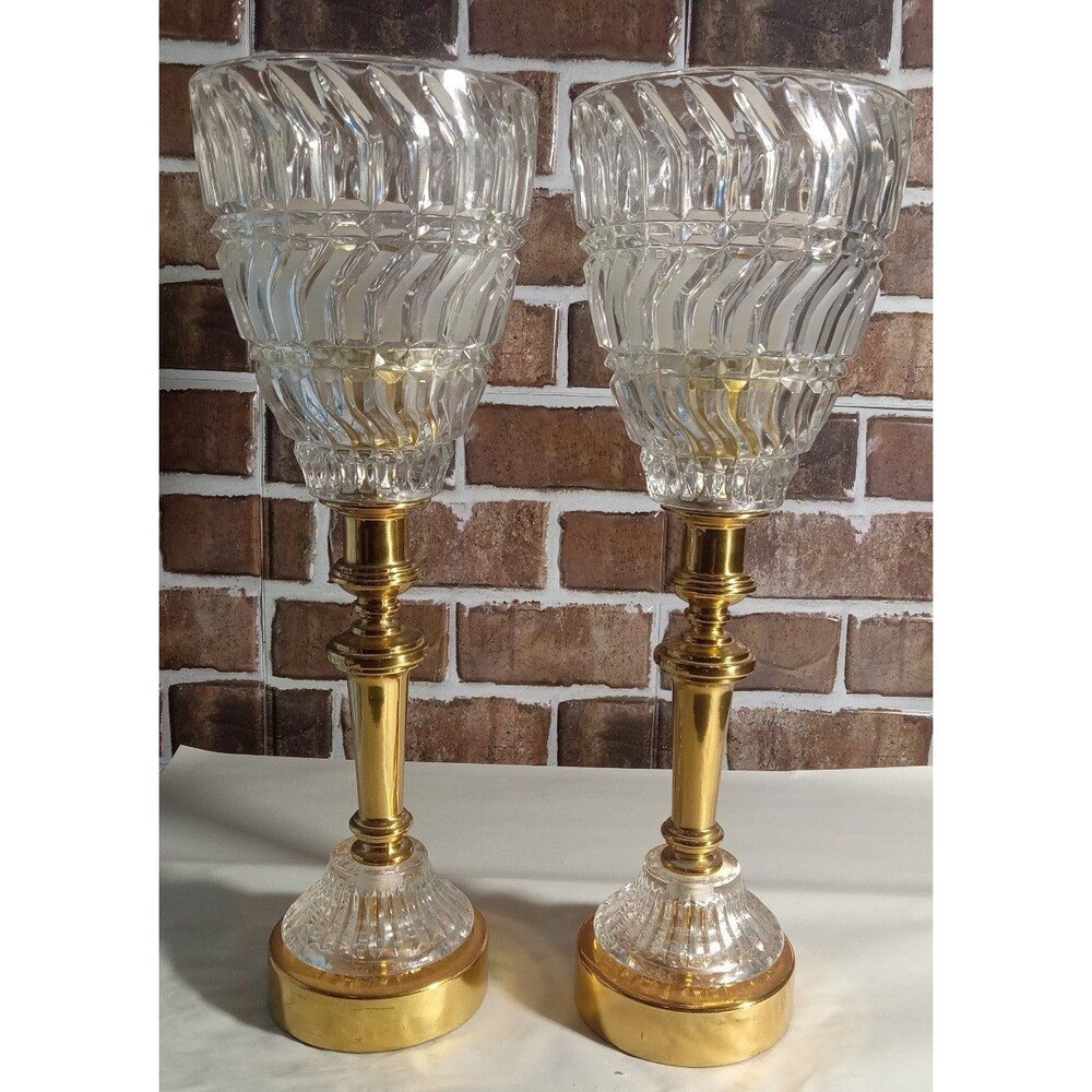Vintage 16" Tall Brass &Crystal Glass Table Or Mantle Candle Holder Torche(2)